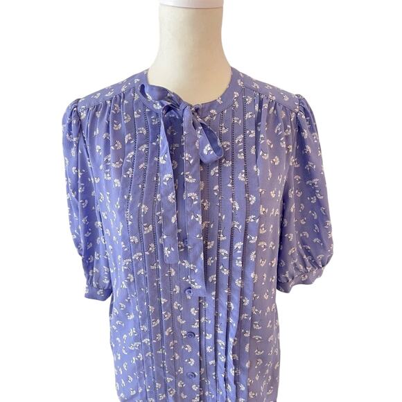 Rebecca Taylor Silk Floral Bow Blouse Periwinkle Blue Pleated Puff Sleeve Top 2 - Picture 3 of 6